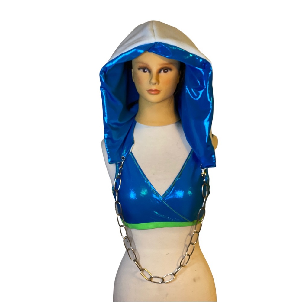 Handmade Blue Metallic Alien Rave Festival Set Rave Hood Sports Bra